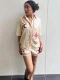 Back To School Amfeov Women's Y2K Vintage Summer Loungewear Set Sun Moon Pattern Short Sleeve Button Down Tops with Shorts Linen Outfits