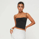 Amfeov 2024 Summer Solid Color Adjustable Shoulder Straps One Shoulder Short Crop Shrinking Pleated Slim Bow Sexy Tank Top