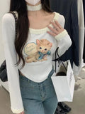 Back To School Amfeov Cartoon Cat Graphic T Shirts Women Kawaii Kitten Cutecore Long Sleeve Tees 2000s Japanese Harajuku Y2k Crop Tops Clothes