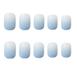 Amfeov 24pcs Girls Summer Holiday Gradient Blue Fake Nail Sweet Short Square Nail Art Tips with Glue Women Smooth Fake Nail Blueberry Milk Nails