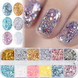 Amfeov 6/12 Grids Mermaid Gradient 3D Glitter Pallette Nail Art Irregular Broken Glass Flake Sequin Crystal Acrylic Nails Decor LYJX03