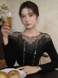 Black Friday Amfeov White Off Shoulder Knit Sweater Women Lace Transparent Mesh Long Sleeve Crop Pullovers Fairycore Aesthetics Clothes Chic