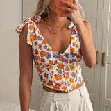 Amfeov Boho Floral Corset Crop Top Sexy V Neck Sleeveless Tie Up Strap Cami Top Women Summer Beach Holiday Vest y2k