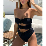 Back To School Amfeov Women's Sexy Summer Bandeau Monokini Strapless 3D Rosette High Waist Cut Out Solid Color Bathing One Piece Swimsuit