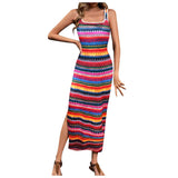 Amfeov Bohemian Beach Dress Women Strpied Printed Casual Slim Fit Split Long Dresses Female Summer Sleeveless Square Collar Dresses