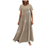 Amfeov Summer Women's Pleated Long Dress Round Neck Short Sleeve A-Line Maxi Dress Ladies Casual Solid Color Loose Female Dresses