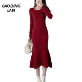 GAODINGLAN Spring Autumn Elegant Square Collar Women Long Sleeve Dress Temperament Mid Calf Solid Color Knit Long Dresses Female