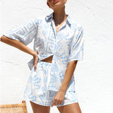 Back To School Amfeov Women’s Summer Casual Loose 2Pcs Outfits Printed Short Sleeve Lapel Collar Button Up Shirt Tops+ Shorts Set Beachwear