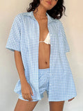 Amfeov Women Lounge Outfits Lapel Neck Short Sleeve Button Down Tops + Elastic Waist Shorts Plaid 2 Piece Pajama Set Summer Loungewear