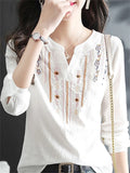 Amfeov-Women Spring Autumn White Blouses Tops Lady Casual Embroidery V-Neck Long Sleeve Vintage Loose Top
