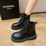 Amfeov 2024 Summer Autumn Women Ankle Boots Classic Beige Black Leather Gothic Punk Shoes Mid Heels Short Combact Boots Platform Shoes