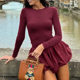 Black Friday Amfeov Elegant Folds Backless Long Sleeve Dress For Women Slim Fit Ball Gown Mini Dress Patchwork Solid Female Autumn New 2024