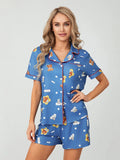 Amfeov Women Cute Print Blue Pajama Sets Summer Loose 2 Piece Short Sleeve Lapel Butoon Up T-shirts + Shorts Suits Loungewear Sleepwear