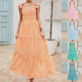 Straps Long Dress Women Summer Boho Style Loose Sleeveless Square Collar Maxi Dresses Female Holiday Plaid Printed Dresses