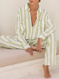 Amfeov Women’s 2 Piece Pajamas Set Long Sleeve Striped Print Button Down Shirt + Drawstring Long Pants Set Loungewear Leisure Style