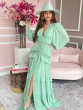 Back To School Amfeov Elegant Hollow Lace Spliced Chiffon Ruffle Long Dress Women Sexy Deep V-neck Lantern Sleeves Maxi Dresses 2024 Lady Party Robes