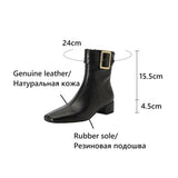 Amfeov NEW Autumn Women Boots Genuine Leather Shoes for Women Square Toe Chunky Shoes Zipper Ankle Boots Belt Buckle Beige Modern Boots