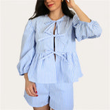 Amfeov Women 2 Piece Plaid Shorts Outfits Summer Tie Up Front Long Sleeve Blouse + Elastic Loose Shorts Lounge Set Streetwear Dailywear