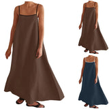 Amfeov Casual Color Contrast Long Dress Women Summer Sleeveless Lacing Hemp Maxi Dress Loose Backless Female Dresses 2024 Vocation