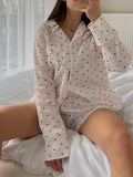 Amfeov Women’s 2 Piece Pajamas Sets Sweet Heart Print Long Sleeve Lapel Button Up Shirt + Loose Shorts Set Female Casual Loungewear