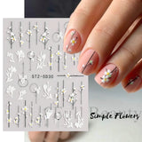 Amfeov 5D Simple Flowers Nail Embossed Stickers Elegrant Wedding Design Adhesive Sliders Summer Textured Engraved Decoration LYSTZ5D-30