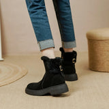 Amfeov NEW Winter Ankle Boots Women Round Toe Chunky Heel Short Women Boots Cow Suede Shoes Plush Warm Boots Zip Platform Shoes Women