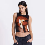 Amfeov 2024 Fashion Print Crop Top Sleeveless T Shirt For Women  Y2K Streetwear Graphic Tees Summer Vest Clothes Women