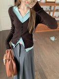 Black Friday Amfeov Y2K Brown and Mint Green Fake Two Pieces Knitwear Slim Button Up Cardigan Autumn Winter Ribbed Sweater Women Korean Chic