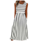 Women’s Fashion Striped Print Long Dress Summer O-Neck Sleeveless Pockets Maxi Dress Female Daily Commuter Casual Tank Dresses