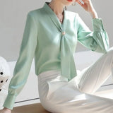 Amfeov-Women Spring Autumn Style Blouses Shirts Lady Casual Long Sleeve Bow Tie Collar Tops