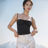 Amfeov 2024 Summer Solid Color Adjustable Shoulder Straps One Shoulder Short Crop Shrinking Pleated Slim Bow Sexy Tank Top