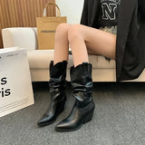 Amfeov Female Western Boots Cowboy Boots Women Plested Women Ankle  Pu Leather Shoes Autumn Boots Women Booties Lady Plus Size 42