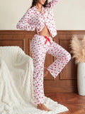 Amfeov Women Pajama Set Valentine's Day Sweet Heart Print Long Sleeve Button Closure Tops with Pants Sleepwear Loungewear Casual Daily