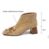 Amfeov NEW Women Boots Sheep Suade Round Toe Square Heel Mid-Heel Ankle Boots Fringed Zipper Fashion Solid Office Lady Shoes Plus Size