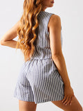 Amfeov Women Striped 2 Pieces Short Sets Summer Loose Fit Sleeveless Button Up Tank Tops Elastic Waist Shorts Outfits Lounge Streetwear