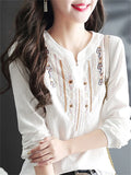 Amfeov-Women Spring Autumn White Blouses Tops Lady Casual Embroidery V-Neck Long Sleeve Vintage Loose Top