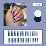 Amfeov 24pcs Y2k Summer Sea Blue Gradient Fake Nails With Water Ripples Designs Long Square Coffin False Nails Set Press On Nail Tips August Nails 2024