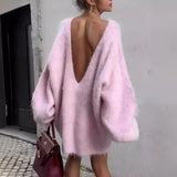 Black Friday Amfeov 2024 Autumn Long Sleeve Sexy Big Backless Knitted Sweater Dress For Women Fashion Solid Loose Sweater Pullover Streetwear