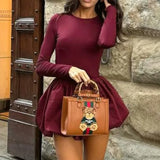 Black Friday Amfeov Elegant Folds Backless Long Sleeve Dress For Women Slim Fit Ball Gown Mini Dress Patchwork Solid Female Autumn New 2024