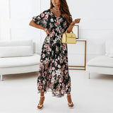 Casual Boho Floral Long Dress Women Summer V-Neck Short Sleeve Pleated Maxi Dress Female Ruffles Slim Waist Printed Dresses