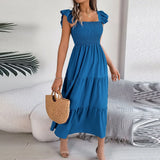 2024 Summer Solid Tank Long Dress For Women Square Collar Sleeveless A-Line Maxi Dress Backless Slim Waist Pleated Beach Dresses