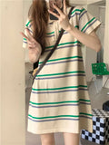 Amfeov hoco dresses-Korean Age Reduction Contrast Stripe Women Dress Summer Short Sleeve Loose Polo Collar Dresses Preppy A Lnie Knitted Mini Dress