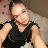 Amfeov 2024 Summer Solid Color Sexy Off Shoulder Tops Lace Up Sleeveless T-Shirt Casual Slim Crop Top  Black Short Sleeve Wome