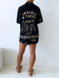 Amfeov Women Pajama Sets 2 Piece Lounge Suits Tacos Tequila Letter Print Short Sleeve Button Up Loose Tops and Shorts Outfits Sleepwear