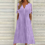 Women's Casual Hollow Out Long Dress Summer V-Neck Short Sleeve Maxi Dress Ladies Solid Color A-Line Pockets Beach Dresses