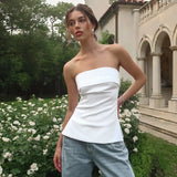 Amfeov Chic Elegant Summer Women Turn Down Collar Tops Solid Color Strapless Sleeeveless Backless Side Ruched Slit Skinny T Sh