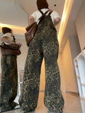 Amfeov Jumpsuits Retro Leopard Denim Camisole Pants for Women Y2k High Waist Loose Wide Leg  2024 New Straight Trousers