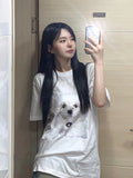 Back To School Amfeov Kawaii Dog Print T-shirts Women Funny Graphic White Tees Short Sleeve Top Korean Fashion Casual Aesthetic Cotton Clothes