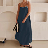 Amfeov Casual Color Contrast Long Dress Women Summer Sleeveless Lacing Hemp Maxi Dress Loose Backless Female Dresses 2024 Vocation