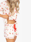 Amfeov Women 2 Piece Lounge Set Summer Short Sleeve Lapel Button Closure Shirt Tops Floral/Bear/Strawberry Print Shorts Sleepwear Sets